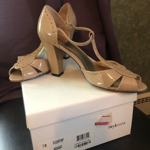 Style & Co. Shoes - Style&Co. Nude Patent Peep Toe Mary Jane Heels